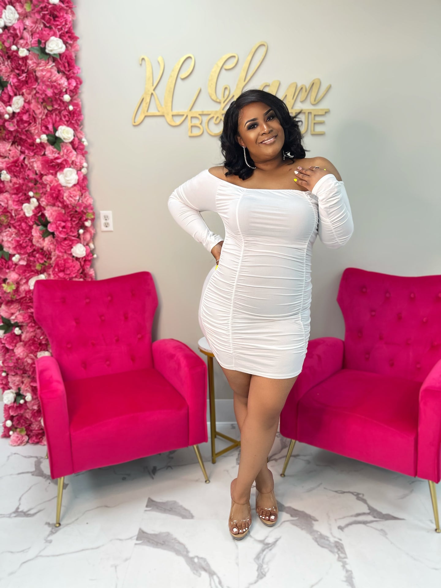 Ruched Long Sleeve Dress (White)